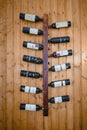 Display of Alentejo wine bottles on wall-mounted rack in a rustic restaurant.