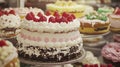 A display of assorted cakes and pastries in a bakery showcase Royalty Free Stock Photo
