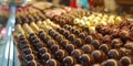 Display of assorted chocolate truffles in a confectionery shop. World Chocolate Day