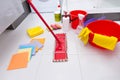 Display of assorted cleaning products on the floor Royalty Free Stock Photo