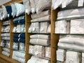 A display of bed linens for sale at a Pottery Barn Retail Store in Orlando, Florida Royalty Free Stock Photo