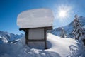 Display board with lots of snow hut, mountain landscape in winter Royalty Free Stock Photo