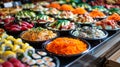 A display of a buffet table filled with sushi and other foods, AI Royalty Free Stock Photo