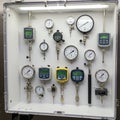 A display case containing various pressure gauges and digital indicators is shown. Royalty Free Stock Photo