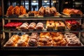 A display case exhibiting a wide variety of doughnuts of different types and flavors., A spread of delectable pastries in a bakery