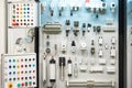 Display case featuring pneumatic components, buttons, switches and controls for industrial automation Royalty Free Stock Photo