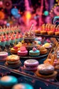 A display case filled with lots of colorful pastries. Generative AI image.
