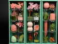 A display case filled with lots of different types of flowers. Generative AI image.