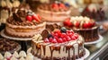 A display case in a restaurant showcasing a variety of different cakes, including chocolate, vanilla, lemon, and Royalty Free Stock Photo