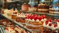 A display case in a restaurant showcasing a variety of different cakes, including chocolate, vanilla, lemon, and Royalty Free Stock Photo