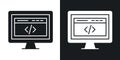 Display code icon set. computer software program script vector symbol. web html sign in black filled and outlined style