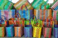 Display of colorful baskets at a market in Burma Myanmar