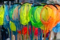 Display of colorful children fishing nets for beach