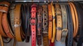 Display of colorful handmade leather belts shop Royalty Free Stock Photo