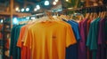 A display of colorful t-shirts hanging on a rack in a retail space Royalty Free Stock Photo