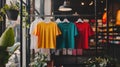 A display of colorful t-shirts hanging on a rack in a retail space Royalty Free Stock Photo