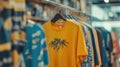 A display of colorful t-shirts hanging on a rack in a retail space Royalty Free Stock Photo