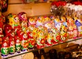 Display of colorful traditional Russian matryoshka dolls, souvenirs