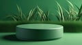 Display cylindrical podium in green background with decorative grass and shadows. Cosmetic product presentation. Generative AI Royalty Free Stock Photo