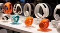A display of 3D-printed prototypes featuring innovative designs for consumer electronics