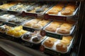 Display of delicious pastries with assorted glazed donuts in shop counter. Various donuts on shelf in Bakery. Colorful flavor