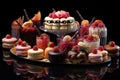 Display of different cakes on black background, a decadent assortment