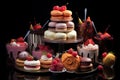 Display of different cakes on black background, a decadent assortment