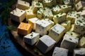 A display of different varieties of feta cheese, mediterranean food life style Authentic