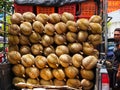 Display of durian fruit on trailer with vendor Bangkok, Thailand