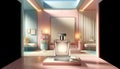 Display an elegant perfume bottle in a sleek modern interior with soft pastel tones