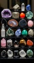 A display features a collection of various gemstones and minerals on a multi-level Royalty Free Stock Photo