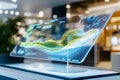 Display features dynamic visualization of data trends with colorful flowing graphics. Modern office environment with