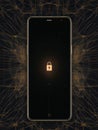 The display features a prominent lock icon, highlighting the device's security status amidst an intriguing dark and