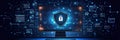 The display features a shield and lock icon, representing strong internet security to protect user data and ensure safe