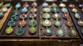 A display of finished ceramic pendants at a local artisan market showcasing the wide range of styles and designs