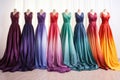 display of finished evening gowns in color gradient order