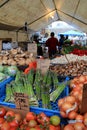 Display of fresh fruits and vegetables under tarps at Quincy Market, Boston,Massachusetts,October,2014