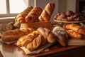 display of freshly baked breads, including baguettes, brioche, and sourdough