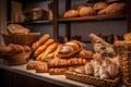 display of freshly baked breads, including baguettes, brioche, and sourdough