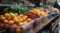 A display of a fruit stand with many different types of fruits, AI Royalty Free Stock Photo