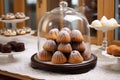 display of gluten-free pastries under a glass cloche