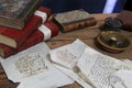 Display of handwritten letters and leather bound books on table,King John's Castle,Limerick,Ireland,October,2014