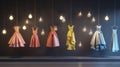 A display of haute couture ensembles hanging on a string of lightbulbs creating a whimsical and dreamy atmosphere Royalty Free Stock Photo