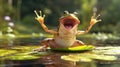 In a display of impressive athleticism a frog does a backflip while croaking a high note and lands perfectly on his lily Royalty Free Stock Photo
