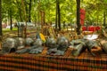 Display of medieval weapons and armor with focus on head and arms metal armor at The Medieval Festival held in Ploiesti, Prahova,