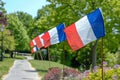 Display of a neat row of french flags meticulously aligned for public viewing and exhibition.
