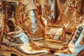 A display of numerous gold shoes and purses arranged artistically, reflecting light and exuding luxury and elegance Royalty Free Stock Photo