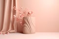 Display podium beige background with curtain. Pink flower in stone vase. Nature Blossom minimal pedestal for beauty, cosmetic