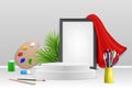 Display podium, empty picture frame, palette, paintbrushes, pencils, vector illustration. Art background for advertising