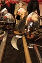 Display of replica medieval helmets, weapons and clothing